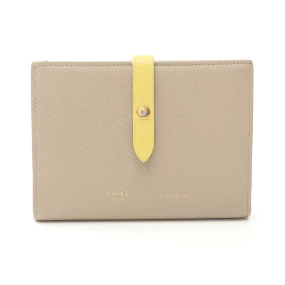 Celine Strap Multifunction Bi fold Wallet Leather Beige Cream Yellow